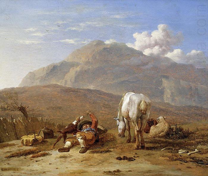 Southern landscape with young shepherd and dog, Karel Dujardin